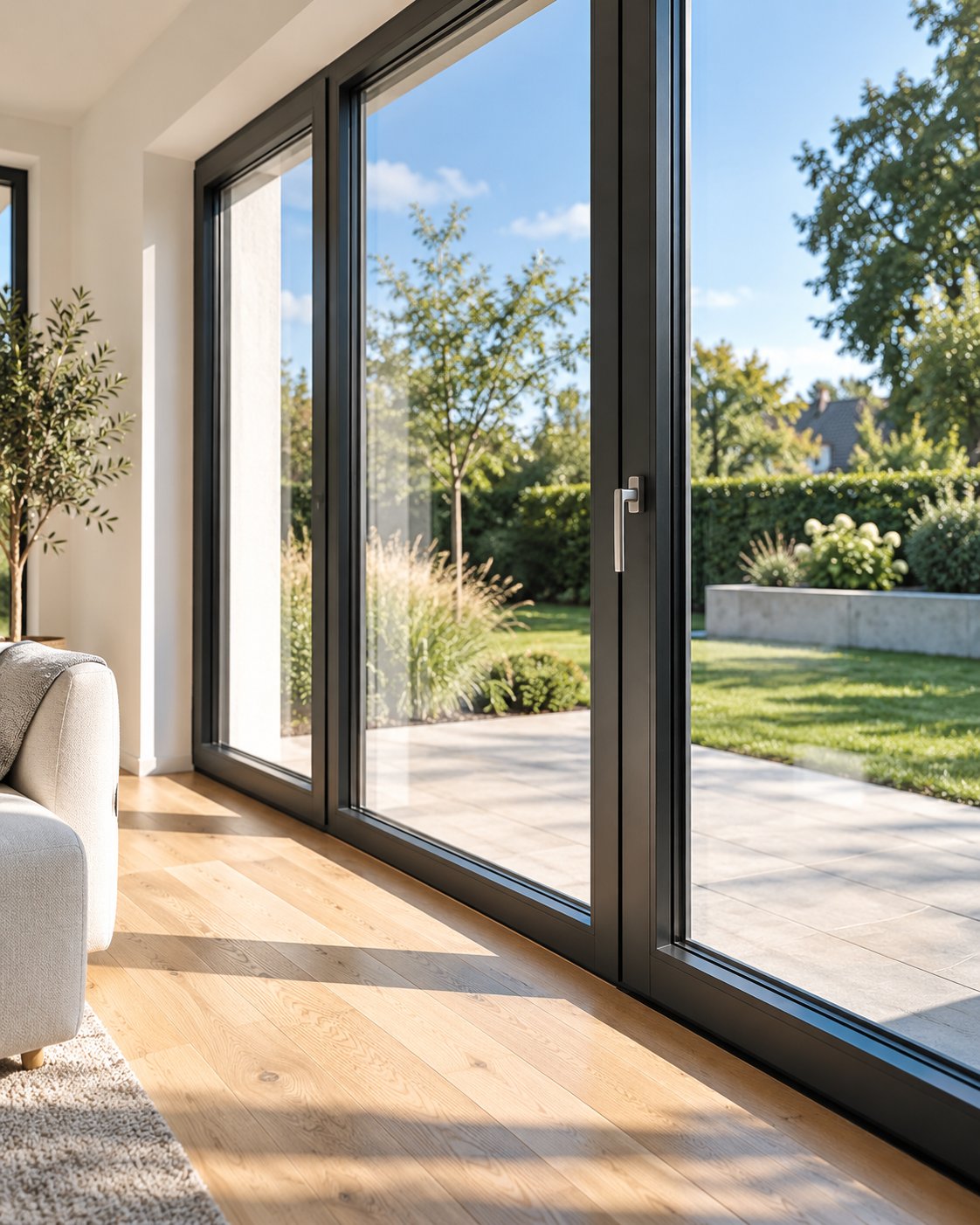 Bodentiefe Fenster mit dunklem Rahmen und Blick in den sonnigen Garten
